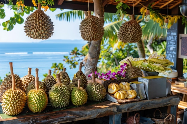 Fresh durian fruit on display at a seaside cafe