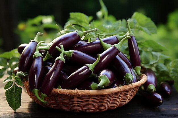 Fresh eggplants in wicker basket on wooden table closeup