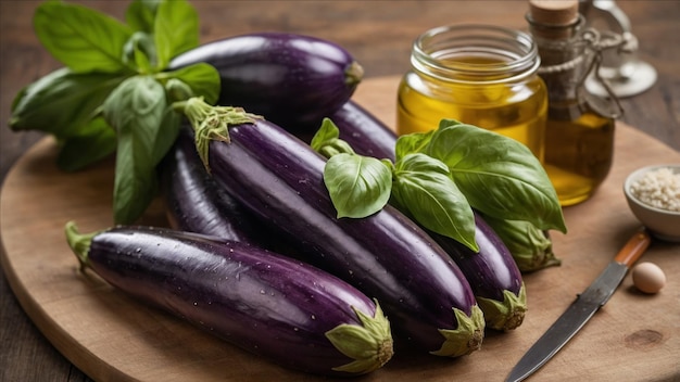 Fresh Eggplants with Basil on a Wooden Cutting Board