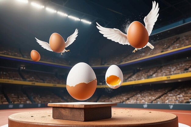 Fresh eggs flying over a winning podium