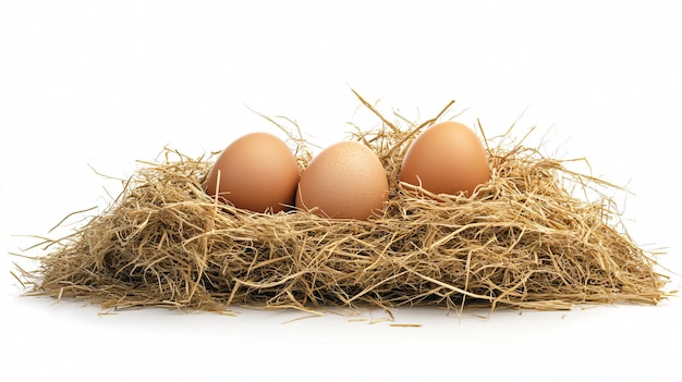 Fresh Eggs in a Heap of Hay on White Background