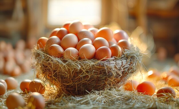 Fresh Eggs in Nest Countryside A nest filled with fresh eggs sits on a bed of hay