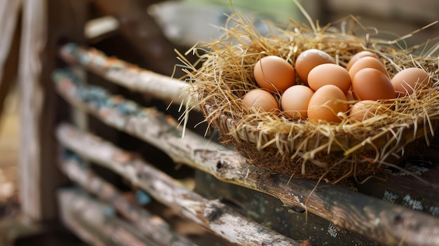 Photo fresh eggs in a nest of hay