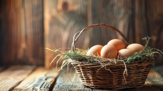 Photo fresh eggs in a rustic basket