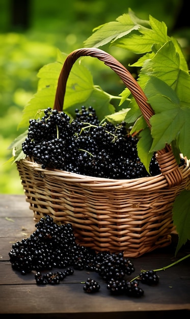 Fresh Elderberrys in a basket Ripe Elderberry fruit