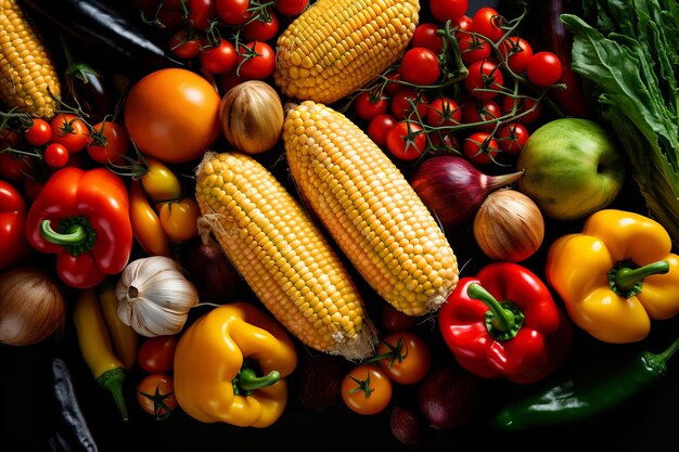 Fresh Farm Produce Corn Peppers Zucchini Tomatoescherry CloseUp Top View