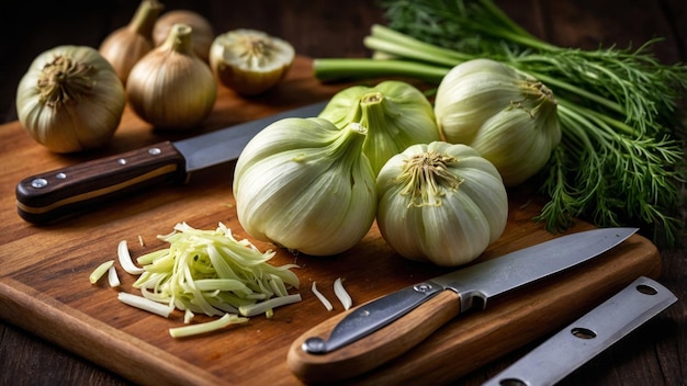 Fresh Fennel Bulbs on a Cutting Board with Knife