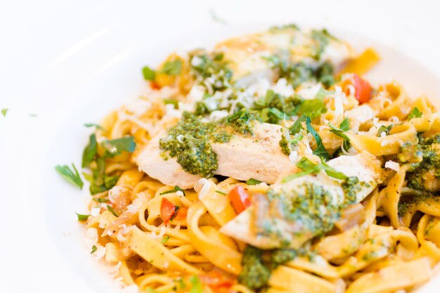 Fresh fettucini with chicken, red peppers, and basil pesto.