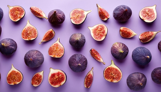 Photo fresh figs arranged in pattern on purple pastel background flat lay photography