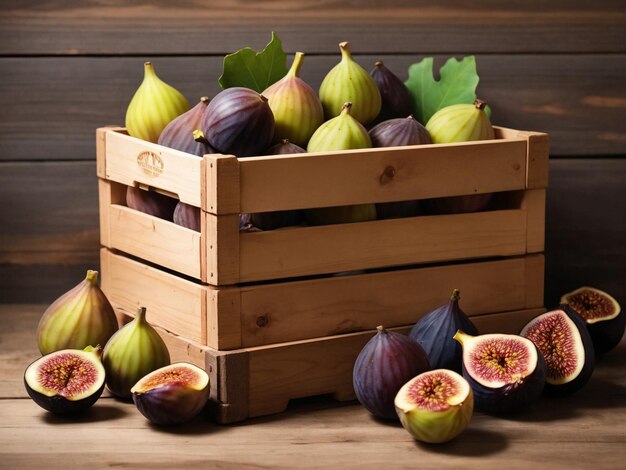 Fresh figs in a wooden box on a rustic wooden table Generative AI