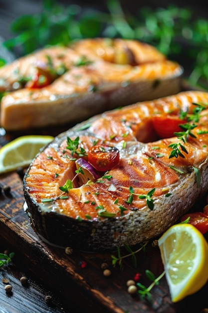 Fresh fish and colorful vegetables on a wooden cutting board Ideal for culinary and healthy lifestyle concepts