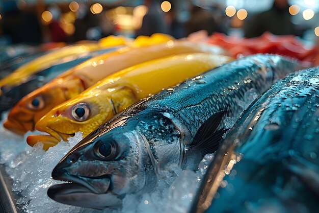 Fresh Fish Displayed on Ice at Seafood Market