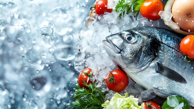 Photo fresh fish on ice with tomatoes and herbs