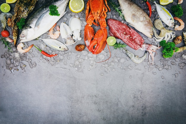 Fresh fish and seafood plate with Shellfish, Fresh raw seafood on ice at the fish market food