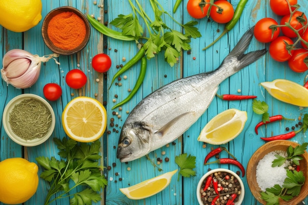 Fresh fish surrounded by herbs and spices on blue wooden background