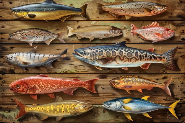 Photo fresh fish variety on a wooden surface glistening scales and vibrant details highlighted