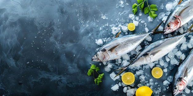 Photo fresh fish on a wooden background with lemon and herbs concept for international tuna day