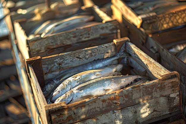 Fresh Fish in Wooden Boxes at Market Fish and Processing Concept