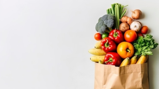 Fresh and Flavorful A Tempting Flat Lay Featuring a Bag Laden with Wholesome Groceries Generative AI