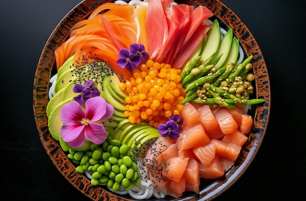 Photo fresh and flavorful traditional chirashi don bowl with assorted seafood and vegetables in black wood background