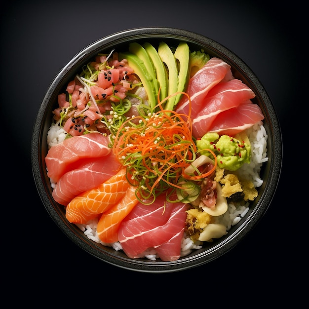 Photo fresh and flavorful traditional chirashi don bowl with assorted seafood and vegetables in black wood background