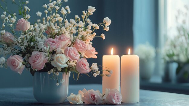 Photo fresh flower and candle table decor setup