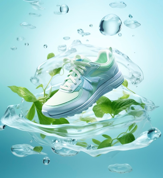 Fresh fly running shoes in water and wind in the style of natural patterns light white and light indigo ethereal illustration light blue and light green delicate still life AI Generative