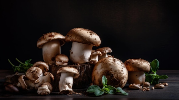 Fresh forest mushroom Italian cooking recipes on dark background AI generative