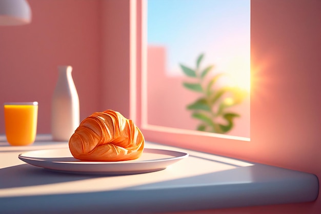 Fresh French croissants on a white plate on on the background of the window generative ai