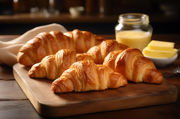 Fresh french croissants with butter on a table