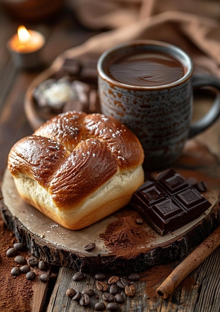 fresh french pastries and tea cup on wooden table