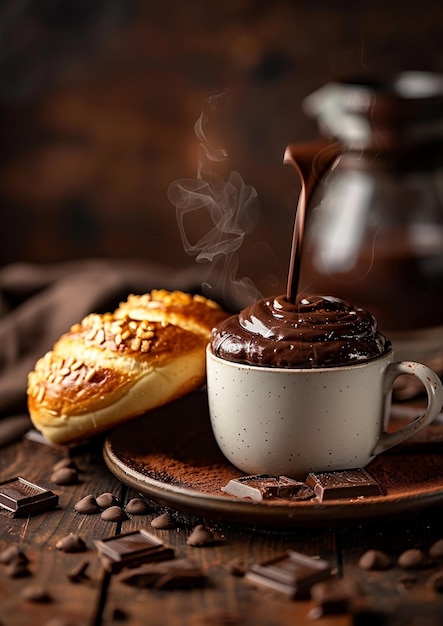 fresh french pastries and tea cup on wooden table