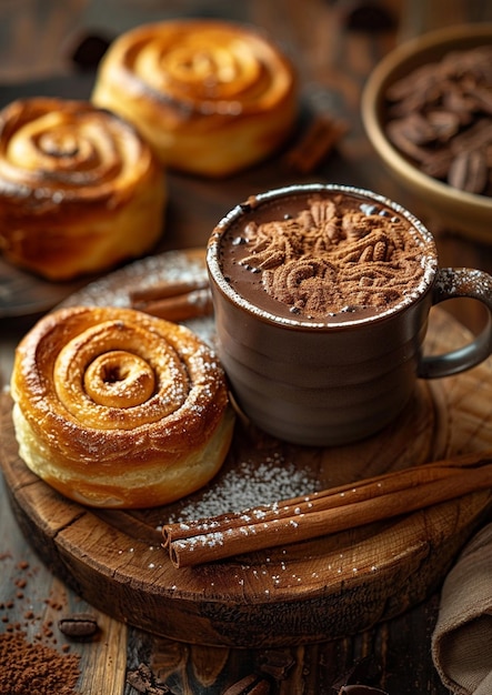 fresh french pastries and tea cup on wooden table