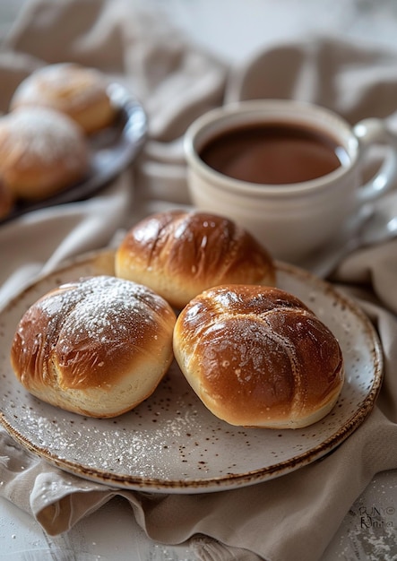 fresh french pastries and tea cup on wooden table