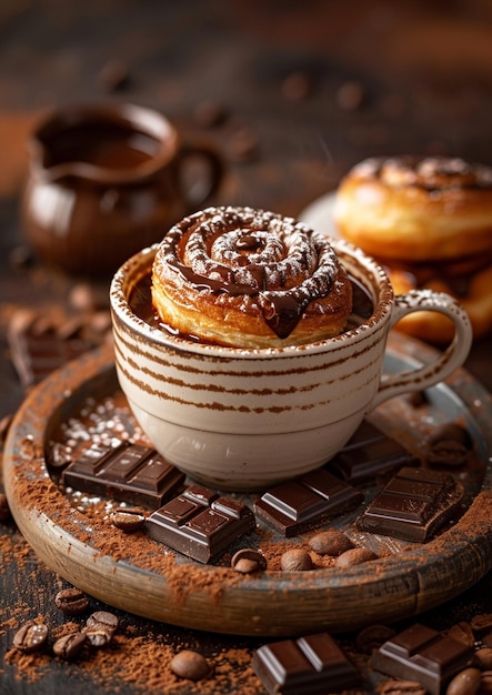 fresh french pastries and tea cup on wooden table