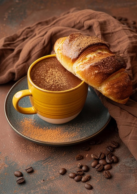 fresh french pastries and tea cup on wooden table