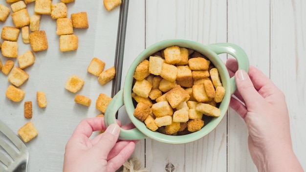 Fresh french toast croutons in the bowl.