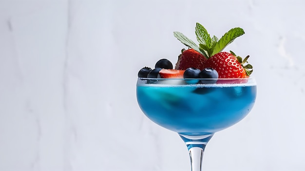 Fresh fruit alcohol cocktail or mocktail in classic glass with blue beverage isolated on white background