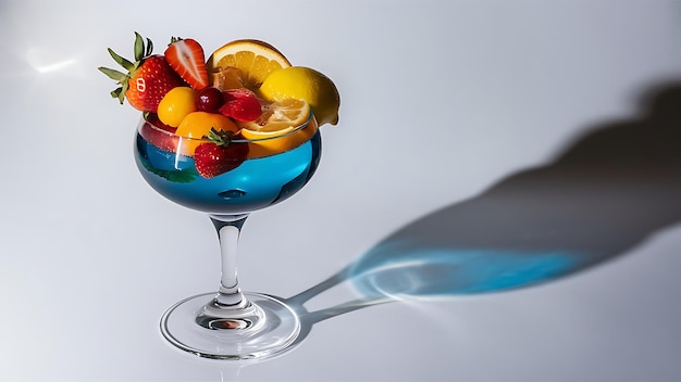 Fresh fruit alcohol cocktail or mocktail in classic glass with blue beverage isolated on white background