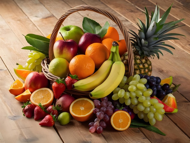 a fresh fruit assortment arranged in the table