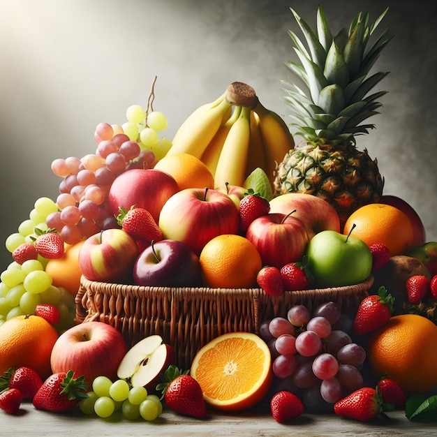 a fresh fruit assortment arranged in the table