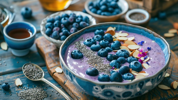 Fresh fruit and berry smoothie in a deep bowl decorated with blueberries almonds and mint leaves