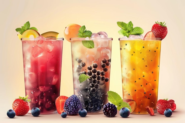 Fresh Fruit Beverages with Colorful Ingredients and Ice in Vibrant Summer Refreshment