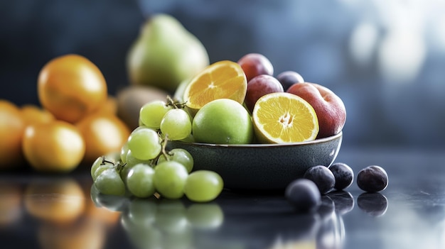 Photo fresh fruit bowl green grapes oranges plums more