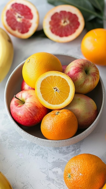 Fresh fruit bowl A simple bowl of apples oranges and bananas on a white table