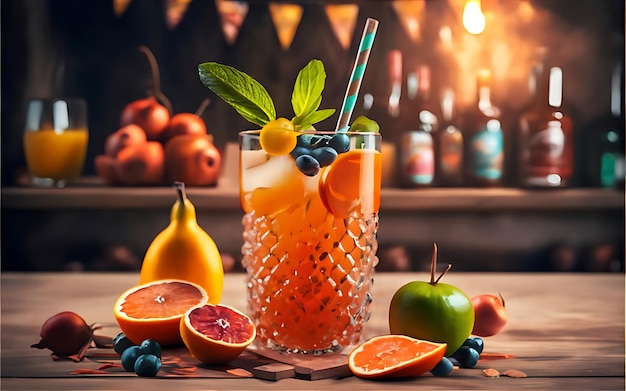 A fresh fruit cocktail on a wooden table for summer celebration