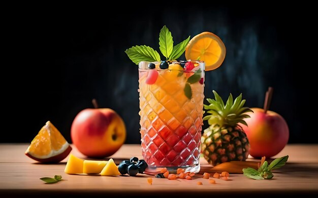 A fresh fruit cocktail on a wooden table for summer celebration