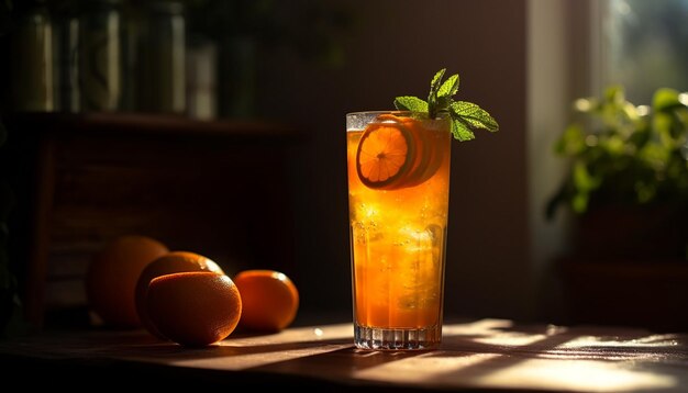 Fresh fruit cocktail on wooden table summer refreshment generated by artificial intelligence