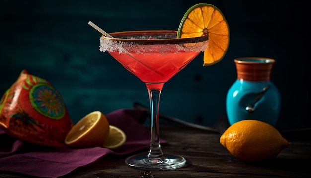 Fresh fruit cocktail on wooden table with ice generated by artificial intelligence