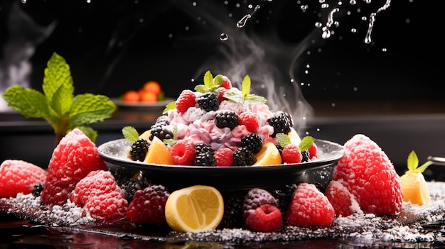 Fresh fruit dessert on a plate with mint leaf garnish and smoke on it